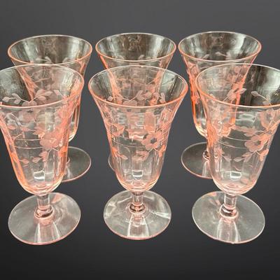 Set of 6 Pink Depression Glass Etched Floral Footed Glasses