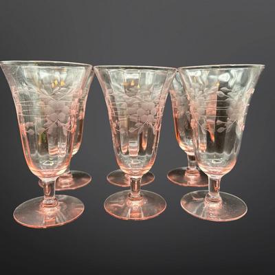 Set of 6 Pink Depression Glass Etched Floral Footed Glasses