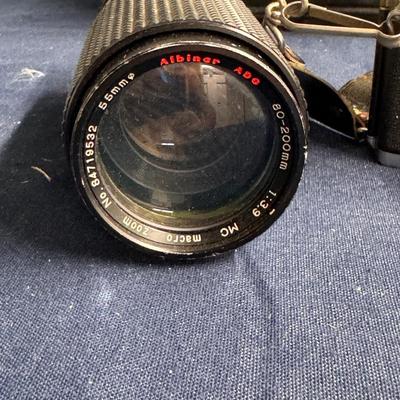 Canon AE1 Camera, lens, flash, and bag