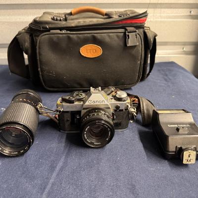 Canon AE1 Camera, lens, flash, and bag