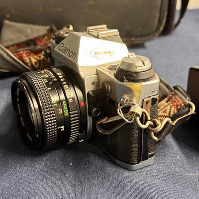 Canon AE1 Camera, lens, flash, and bag