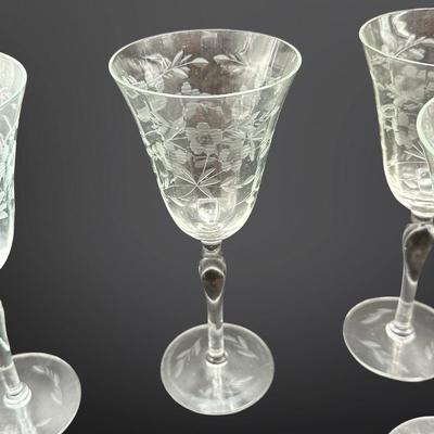 Set of 6 Etched Crystal Glasses with Floral and Leaf Design