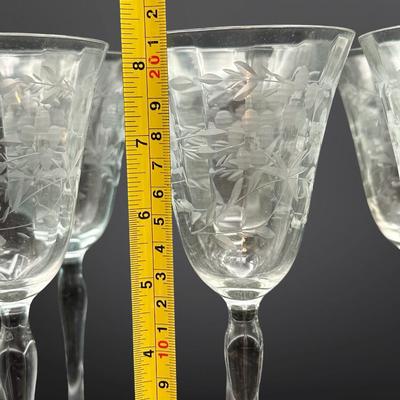 Set of 6 Etched Crystal Glasses with Floral and Leaf Design