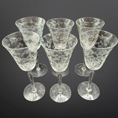 Set of 6 Etched Crystal Glasses with Floral and Leaf Design