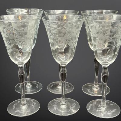 Set of 6 Etched Crystal Glasses with Floral and Leaf Design
