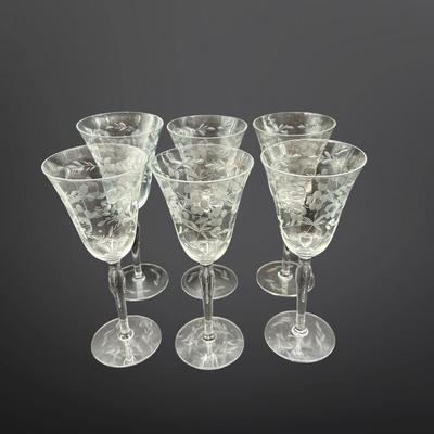 Set of 6 Etched Crystal Glasses with Floral and Leaf Design