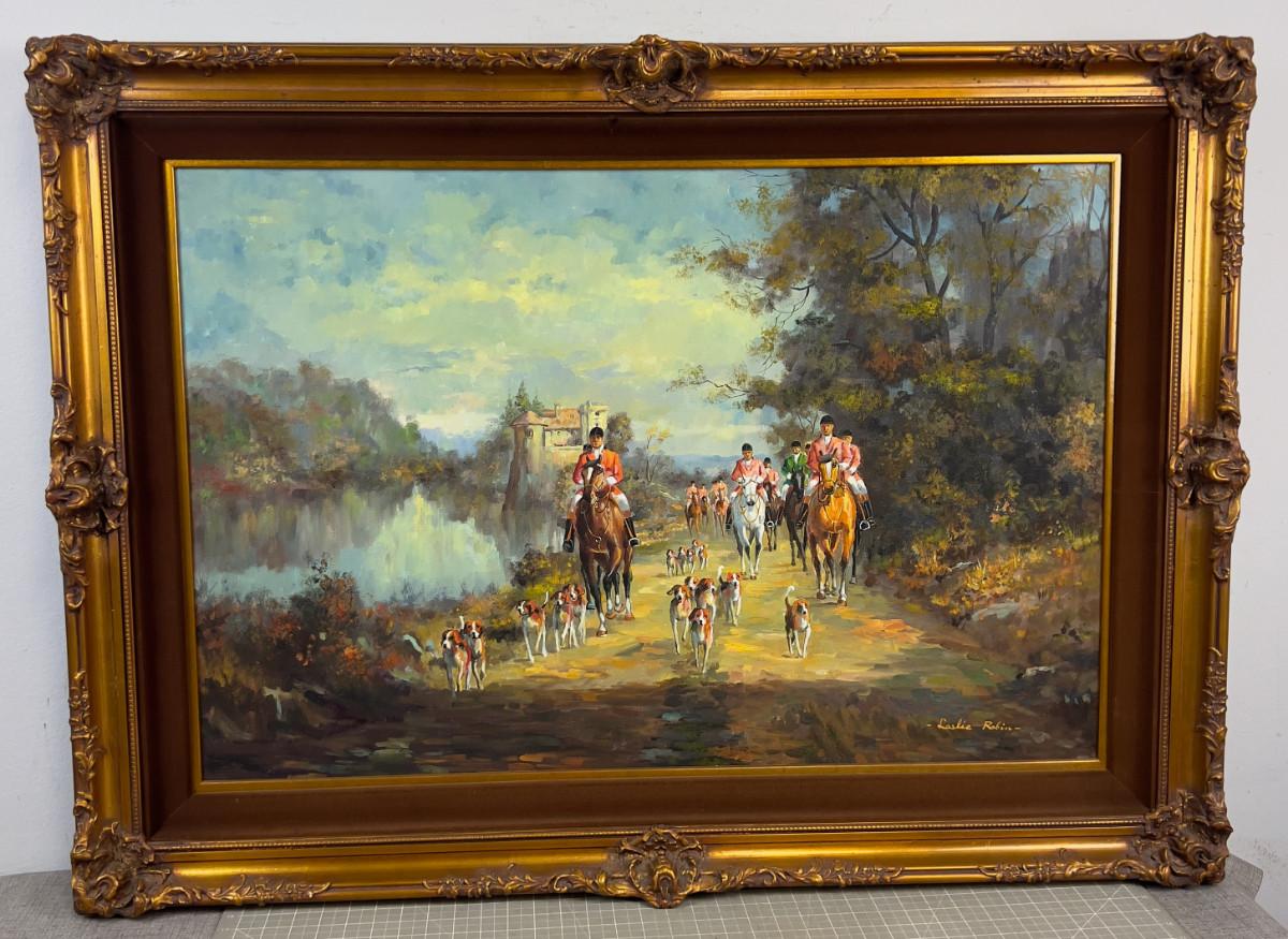 Sale Photo Thumbnail #17: This appears to be an original signed oil on canvas by Leslie Robin, depicting a classic English fox hunt. 24" by 36". very good condition