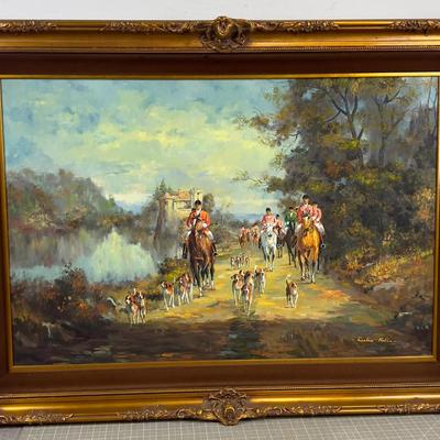 Sale Photo Thumbnail #1: This appears to be an original signed oil on canvas by Leslie Robin, depicting a classic English fox hunt. 24" by 36". very good condition