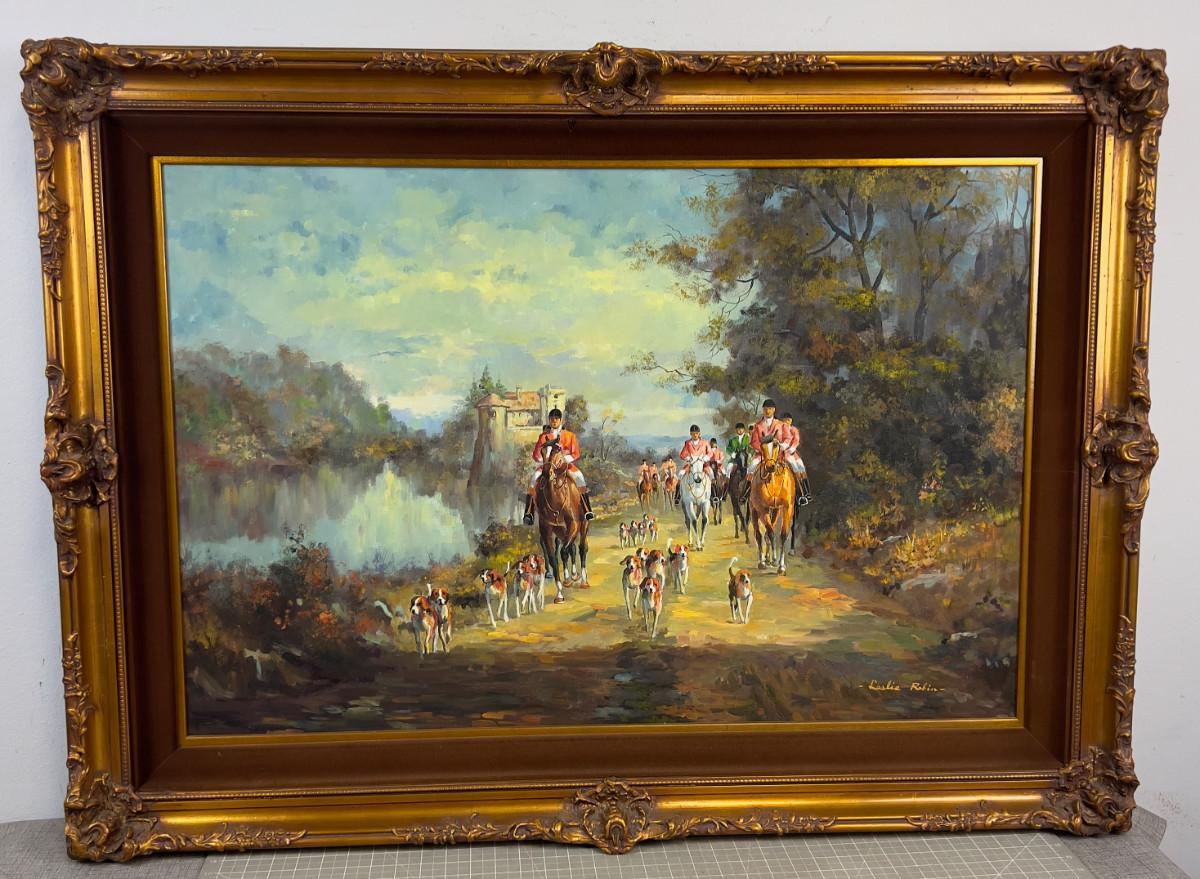 Sale Photo Thumbnail #18: This appears to be an original signed oil on canvas by Leslie Robin, depicting a classic English fox hunt. 24" by 36". very good condition