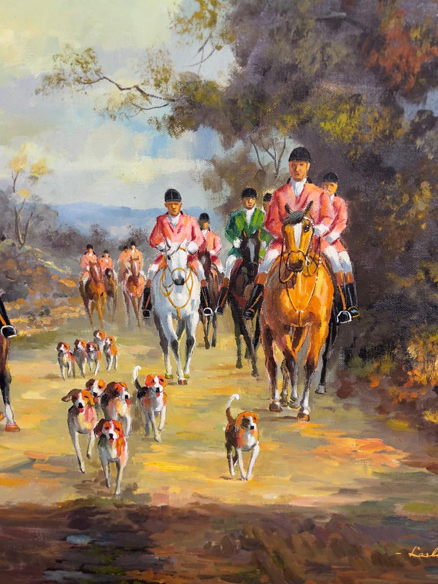 Sale Photo Thumbnail #19: This appears to be an original signed oil on canvas by Leslie Robin, depicting a classic English fox hunt. 24" by 36". very good condition