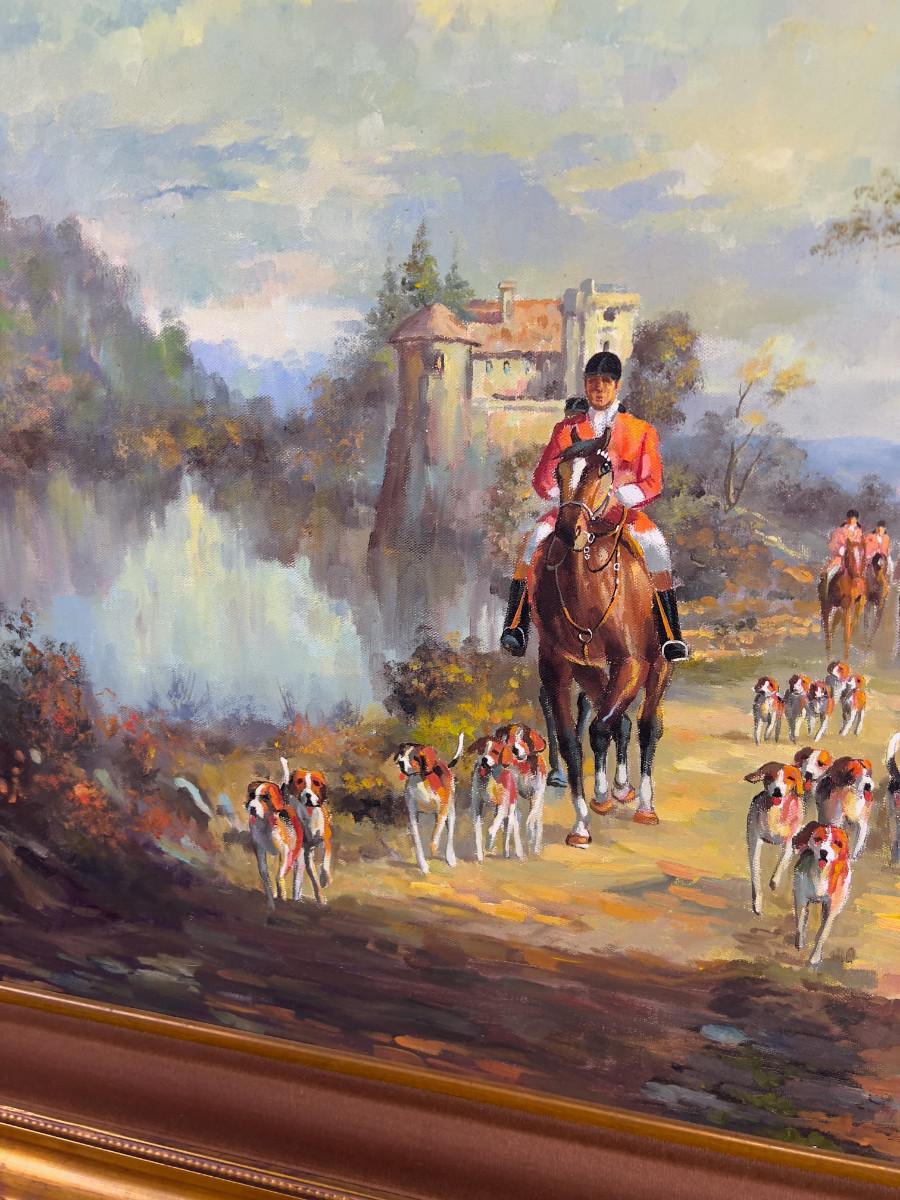 Sale Photo Thumbnail #20: This appears to be an original signed oil on canvas by Leslie Robin, depicting a classic English fox hunt. 24" by 36". very good condition