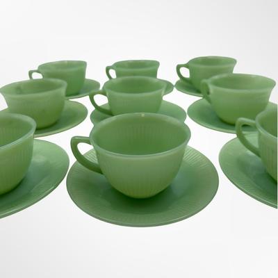 Jadeite Coffee or Tea Cup & Saucer Set Fire King Green Glass