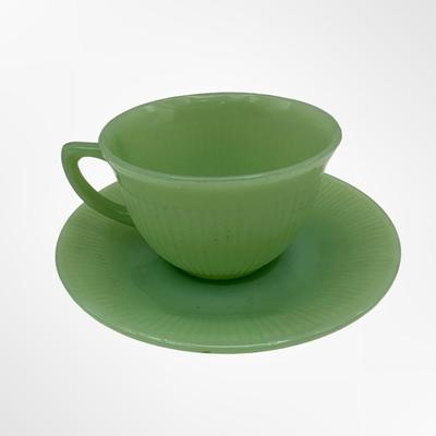 Jadeite Coffee or Tea Cup & Saucer Set Fire King Green Glass
