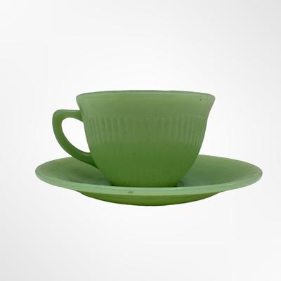 Jadeite Coffee or Tea Cup & Saucer Set Fire King Green Glass