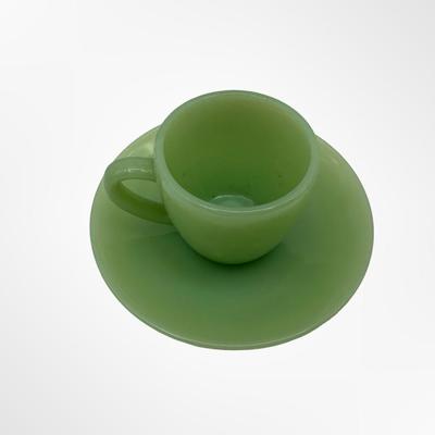 Set of 9 Jadeite Green Glass Demitasse Cups with Saucers