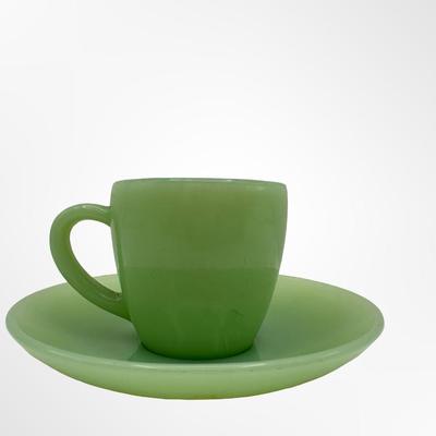 Set of 9 Jadeite Green Glass Demitasse Cups with Saucers