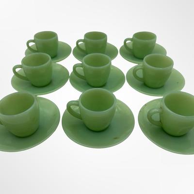 Set of 9 Jadeite Green Glass Demitasse Cups with Saucers