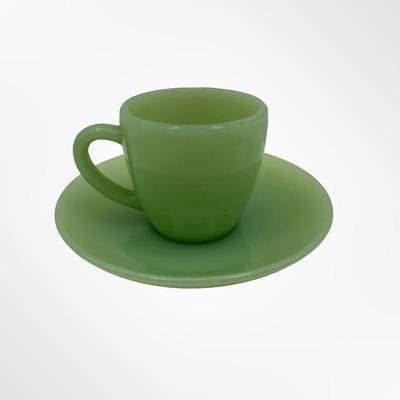 Set of 9 Jadeite Green Glass Demitasse Cups with Saucers