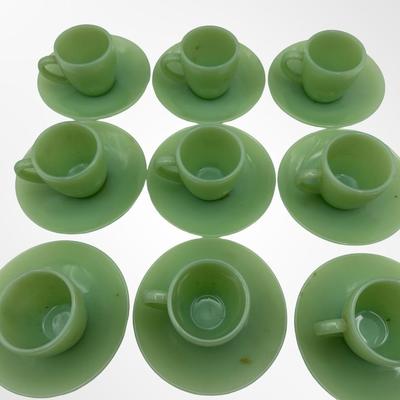 Set of 9 Jadeite Green Glass Demitasse Cups with Saucers