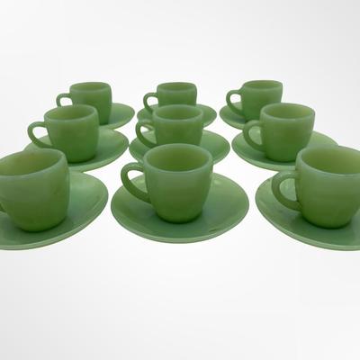 Set of 9 Jadeite Green Glass Demitasse Cups with Saucers