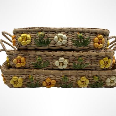 Set of 3 Handwoven Wicker Casserole Holders with Raffia Flower Accents