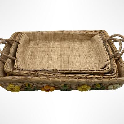 Set of 3 Handwoven Wicker Casserole Holders with Raffia Flower Accents