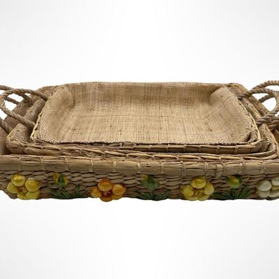 Set of 3 Handwoven Wicker Casserole Holders with Raffia Flower Accents