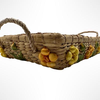 Set of 3 Handwoven Wicker Casserole Holders with Raffia Flower Accents