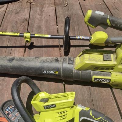 Collection of Ryobi Battery Powered 40 Volt Lawn Tools- Weed Eater, Blower, Hedge Trimmer (24")