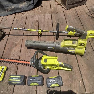 Collection of Ryobi Battery Powered 40 Volt Lawn Tools- Weed Eater, Blower, Hedge Trimmer (24")