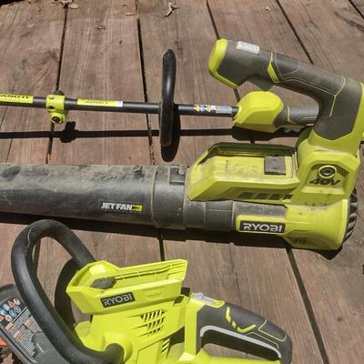 Collection of Ryobi Battery Powered 40 Volt Lawn Tools- Weed Eater, Blower, Hedge Trimmer (24")