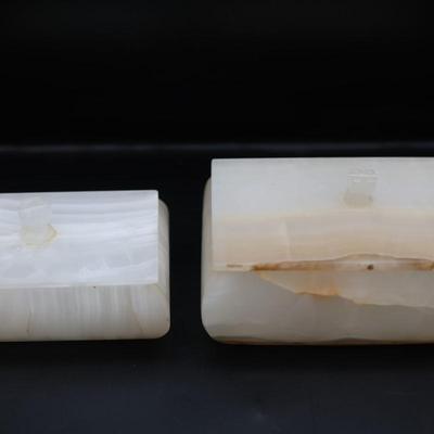 Pair of Carved Onyx Vanity or Trinket Boxes with Lids