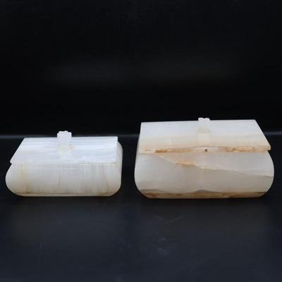 Pair of Carved Onyx Vanity or Trinket Boxes with Lids