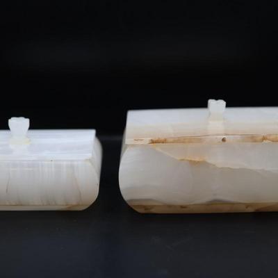 Pair of Carved Onyx Vanity or Trinket Boxes with Lids