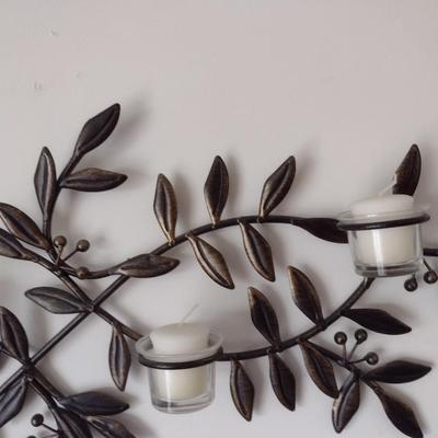 Wrought Metal Leaf and Berry Candle Sconce Wall Decor