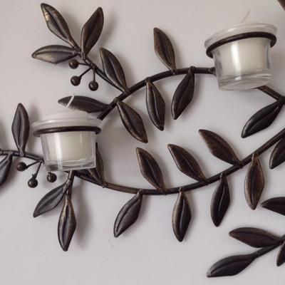 Wrought Metal Leaf and Berry Candle Sconce Wall Decor