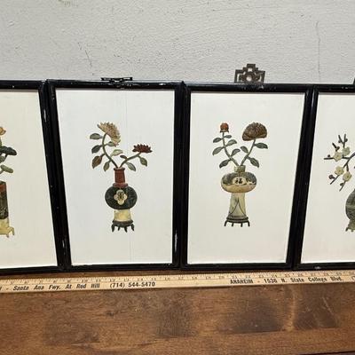 Sale Photo Thumbnail #110: Set of 4 framed wall art pieces, each a 3-dimensional relief assembled from various colors and shapes of carved and polished stone. Tac is a flower and vase representing the 4 seasons: Spring - Double Happiness, Summer - Good Luck, Autumn - Happiness, and