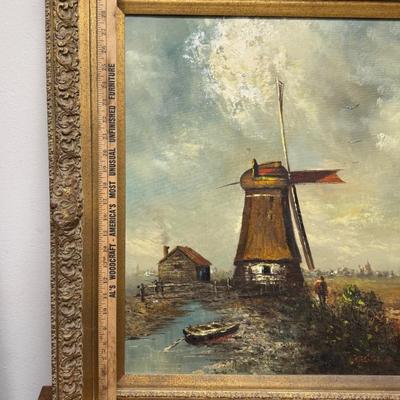 Large Vintage Framed Art: Oil Painting on Canvas of a Windmill artist G. Steiner