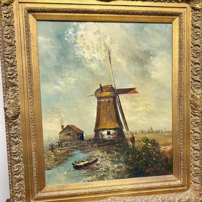 Large Vintage Framed Art: Oil Painting on Canvas of a Windmill artist G. Steiner