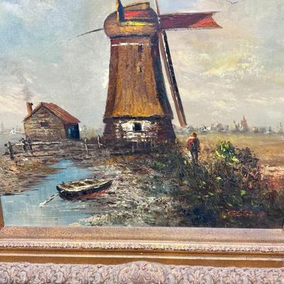 Large Vintage Framed Art: Oil Painting on Canvas of a Windmill artist G. Steiner