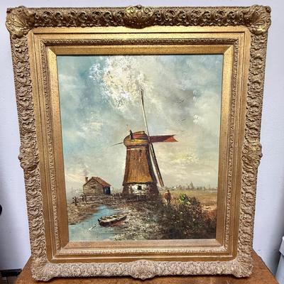 Large Vintage Framed Art: Oil Painting on Canvas of a Windmill artist G. Steiner