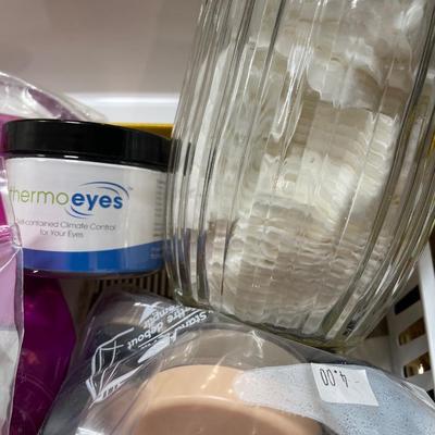 Cosmetic Sponges, Jar of cotton balls, Makeup Brushes