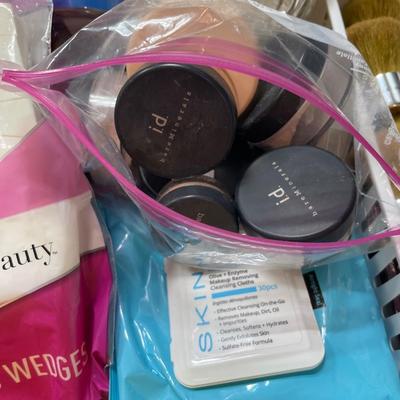 Cosmetic Sponges, Jar of cotton balls, Makeup Brushes