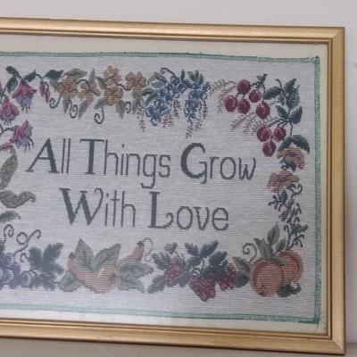 Framed Tapestry 'All Things Grow with Love'- Approx 15" x 11"