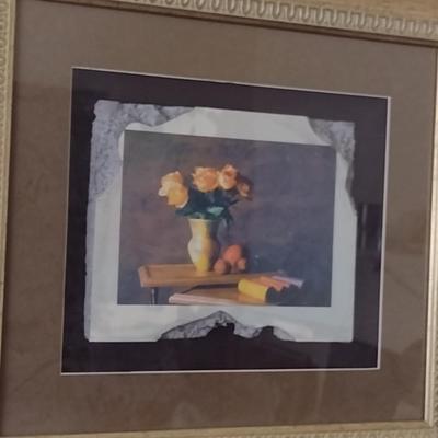 Framed Art- Floral Design on Faux Stone/Tile- Approx 17 1/4" x 20 1/4"