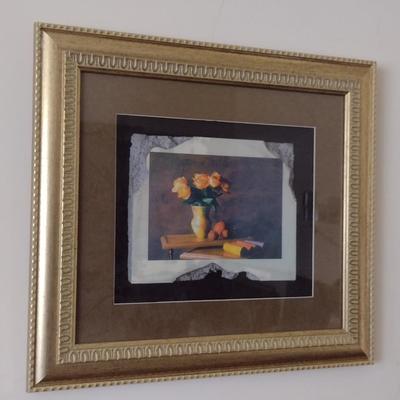 Framed Art- Floral Design on Faux Stone/Tile- Approx 17 1/4" x 20 1/4"