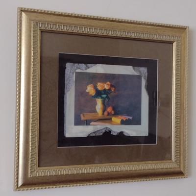 Framed Art- Floral Design on Faux Stone/Tile- Approx 17 1/4" x 20 1/4"