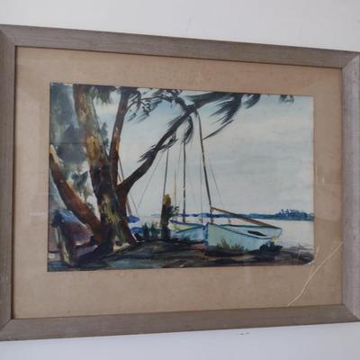 Vintage Framed Waterfront Design Art- Signed by Artist- Approx 24 1/4" x 32"