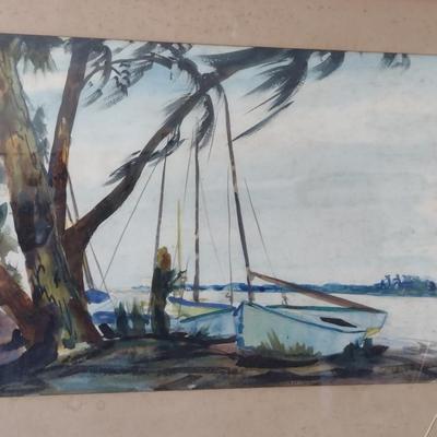 Vintage Framed Waterfront Design Art- Signed by Artist- Approx 24 1/4" x 32"
