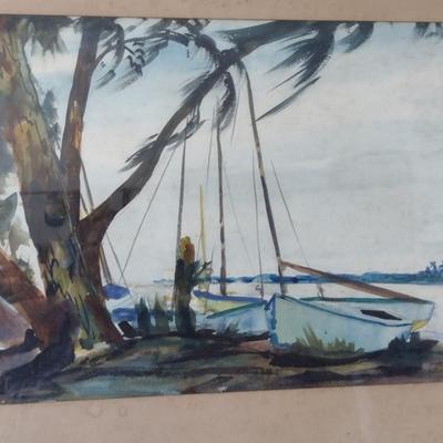 Vintage Framed Waterfront Design Art- Signed by Artist- Approx 24 1/4" x 32"